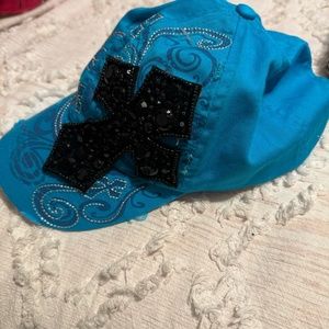 Women's Beaded Cross Blue Hat